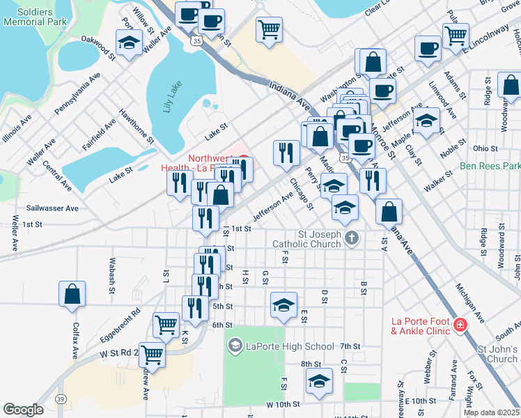map of restaurants, bars, coffee shops, grocery stores, and more near 716 Teegarden Street in La Porte