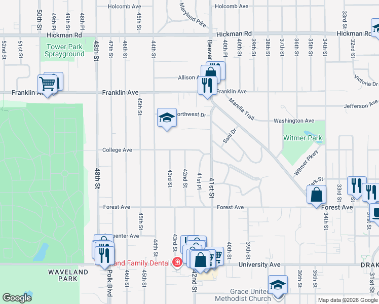 map of restaurants, bars, coffee shops, grocery stores, and more near 1537 42nd Street in Des Moines