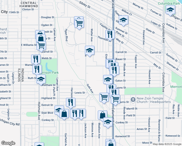 map of restaurants, bars, coffee shops, grocery stores, and more near 5825 Sohl Avenue in Hammond