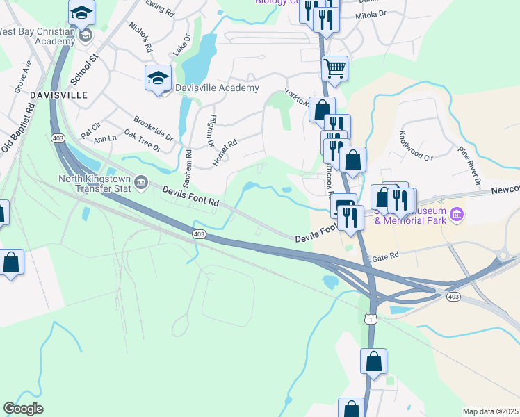 map of restaurants, bars, coffee shops, grocery stores, and more near 552 Devils Foot Road in North Kingstown