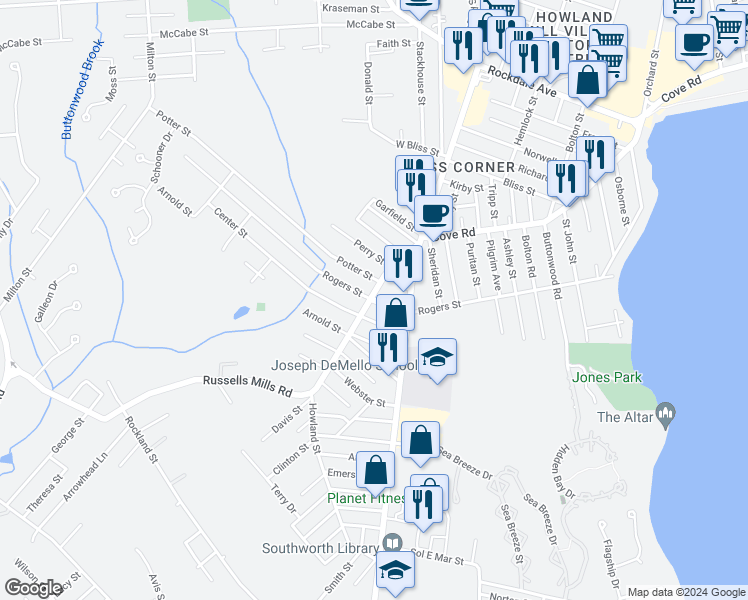 map of restaurants, bars, coffee shops, grocery stores, and more near 132 Rogers Street in Dartmouth