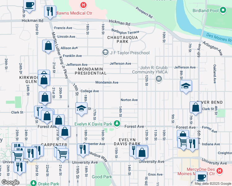 map of restaurants, bars, coffee shops, grocery stores, and more near 1428 College Avenue in Des Moines