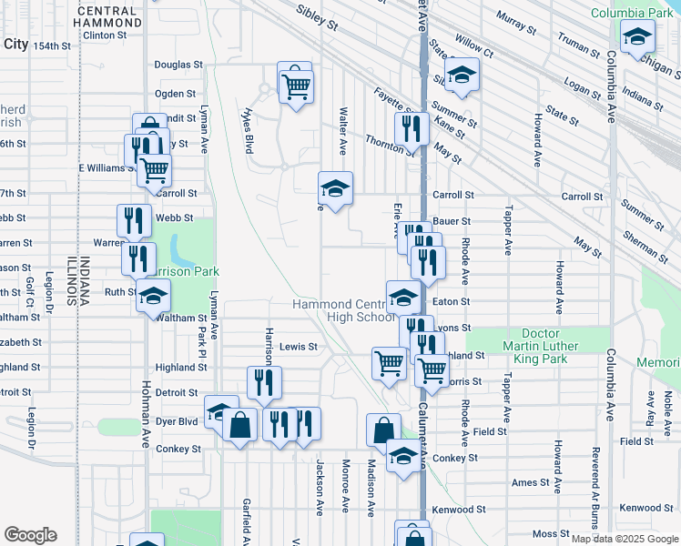 map of restaurants, bars, coffee shops, grocery stores, and more near 5825 Sohl Avenue in Hammond