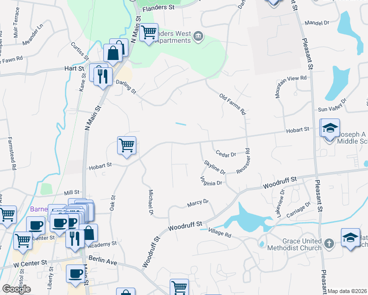 map of restaurants, bars, coffee shops, grocery stores, and more near 264 Hobart Street in Southington