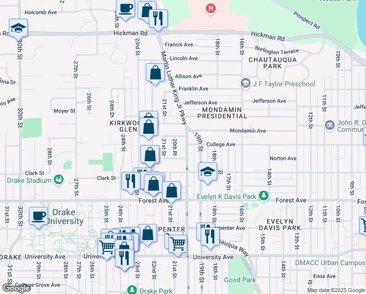 map of restaurants, bars, coffee shops, grocery stores, and more near 1523 Martin Luther King Junior Parkway in Des Moines