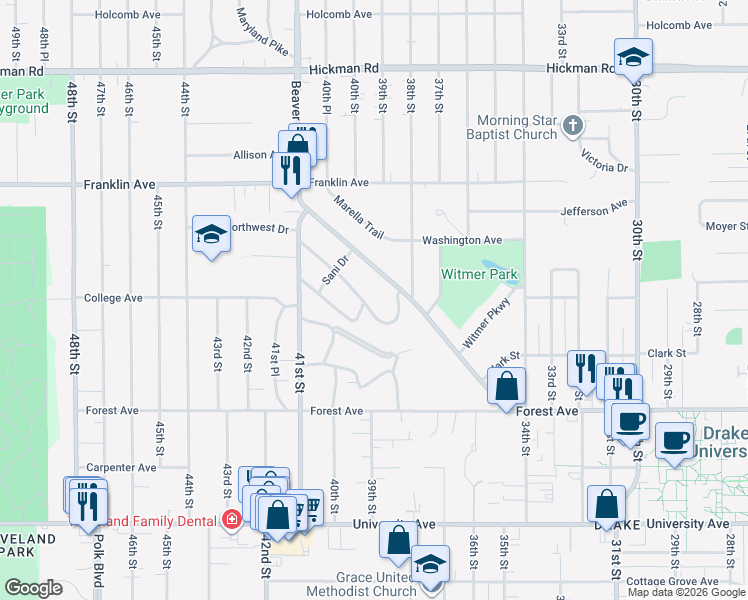 map of restaurants, bars, coffee shops, grocery stores, and more near 1601 Huntland Drive in Des Moines
