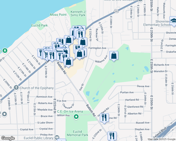 map of restaurants, bars, coffee shops, grocery stores, and more near 23201 Gay Street in Euclid