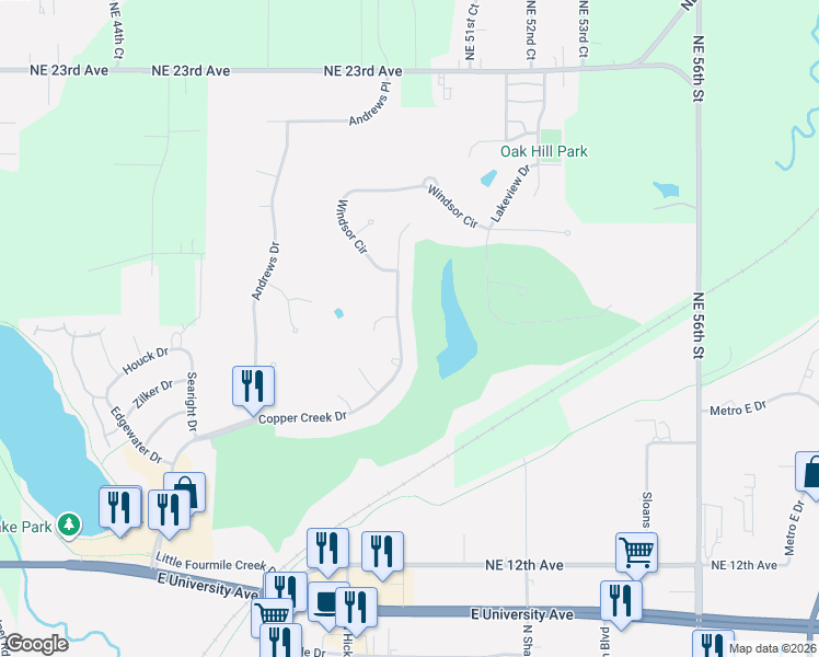 map of restaurants, bars, coffee shops, grocery stores, and more near 5075 Copper Creek Drive in Pleasant Hill