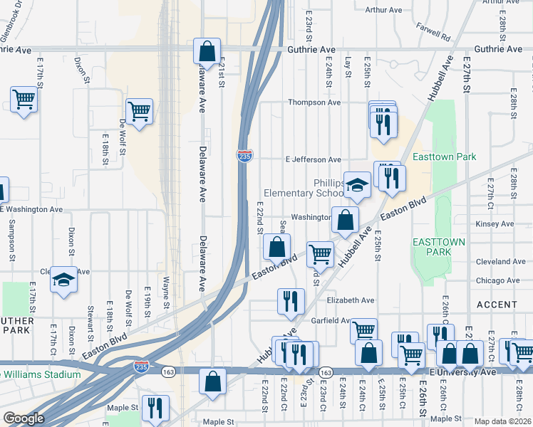 map of restaurants, bars, coffee shops, grocery stores, and more near 1517 East 22nd Street in Des Moines