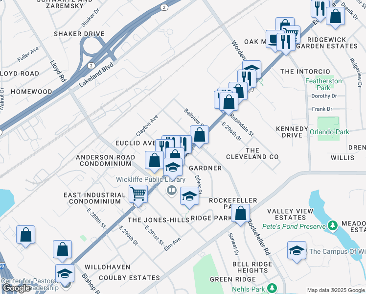 map of restaurants, bars, coffee shops, grocery stores, and more near 1459 East 294th Street in Wickliffe