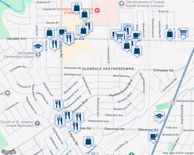 map of restaurants, bars, coffee shops, grocery stores, and more near 1732 Birchwood Avenue in Toledo