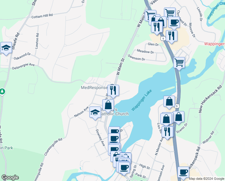 map of restaurants, bars, coffee shops, grocery stores, and more near 2791 West Main Street in Wappingers Falls