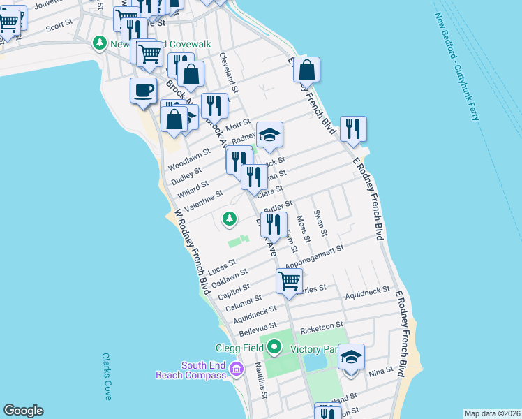 map of restaurants, bars, coffee shops, grocery stores, and more near 520 Brock Avenue in New Bedford
