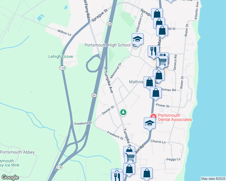 map of restaurants, bars, coffee shops, grocery stores, and more near 244 Turnpike Avenue in Portsmouth