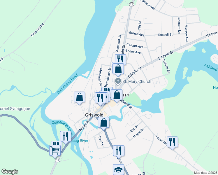 map of restaurants, bars, coffee shops, grocery stores, and more near 18 Tracy Avenue in Griswold