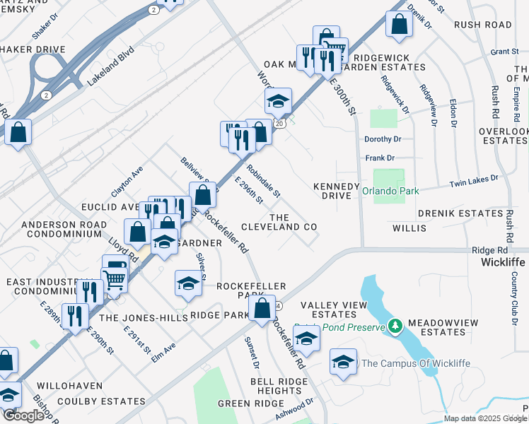 map of restaurants, bars, coffee shops, grocery stores, and more near 29528 Catawba Street in Wickliffe