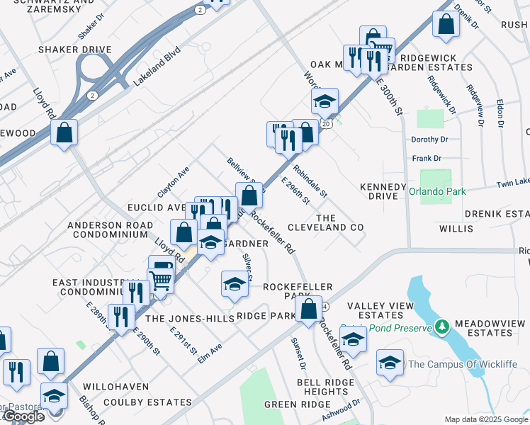 map of restaurants, bars, coffee shops, grocery stores, and more near 1538 Rockefeller Road in Wickliffe