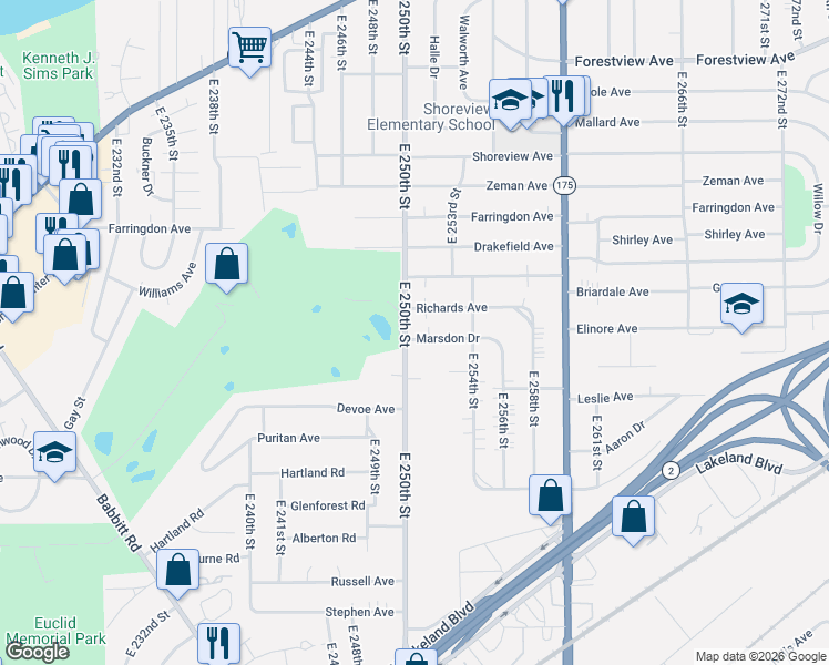 map of restaurants, bars, coffee shops, grocery stores, and more near 25100 Marsdon Drive in Euclid