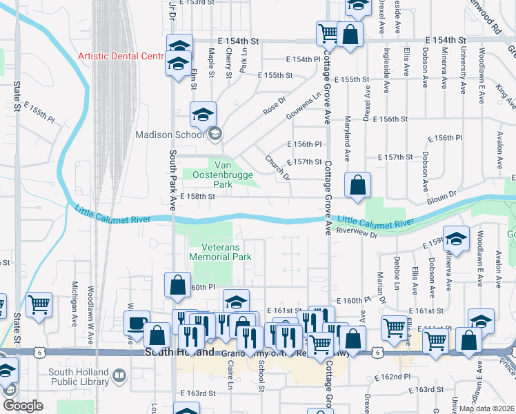 map of restaurants, bars, coffee shops, grocery stores, and more near 600 Riverview Drive in South Holland