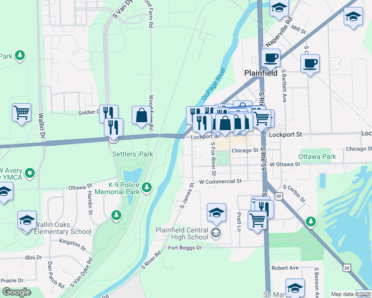 map of restaurants, bars, coffee shops, grocery stores, and more near 15135 South Vista Lane in Plainfield
