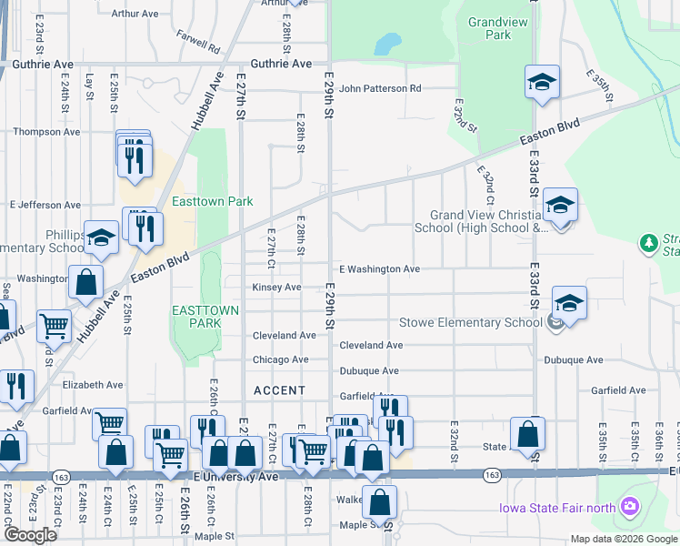map of restaurants, bars, coffee shops, grocery stores, and more near 1525 East 29th Street in Des Moines