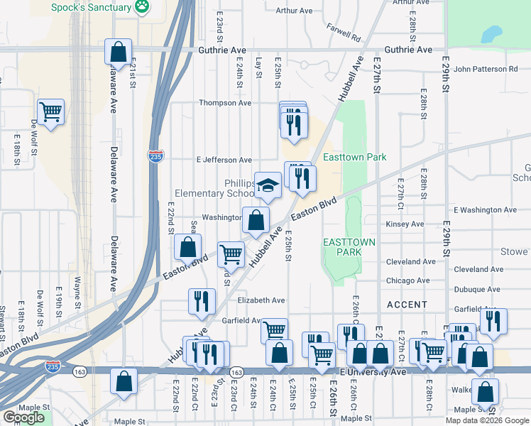 map of restaurants, bars, coffee shops, grocery stores, and more near 2440 Easton Boulevard in Des Moines