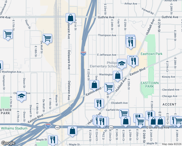 map of restaurants, bars, coffee shops, grocery stores, and more near 1517 East 22nd Street in Des Moines