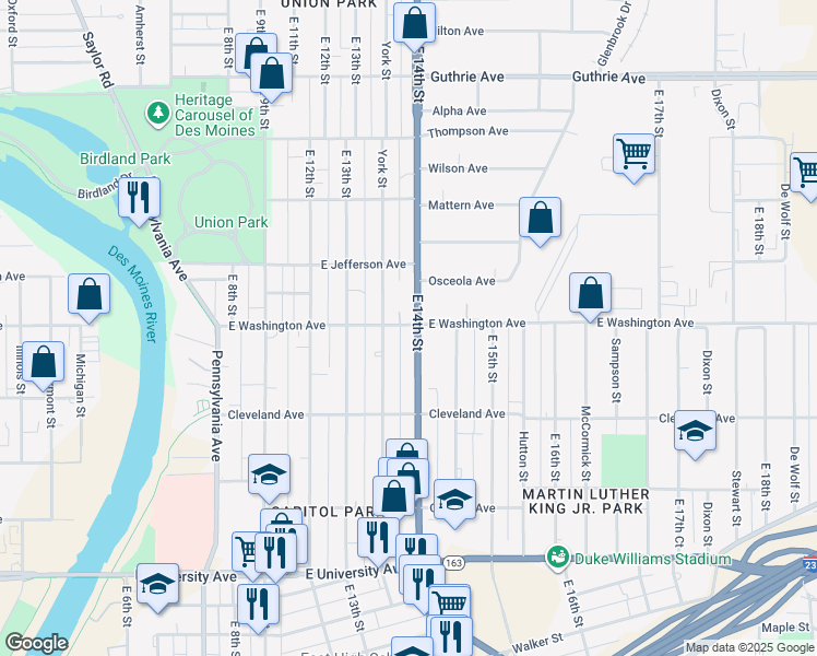 map of restaurants, bars, coffee shops, grocery stores, and more near 1519 York Street in Des Moines