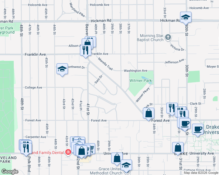 map of restaurants, bars, coffee shops, grocery stores, and more near 1601 Huntland Drive in Des Moines