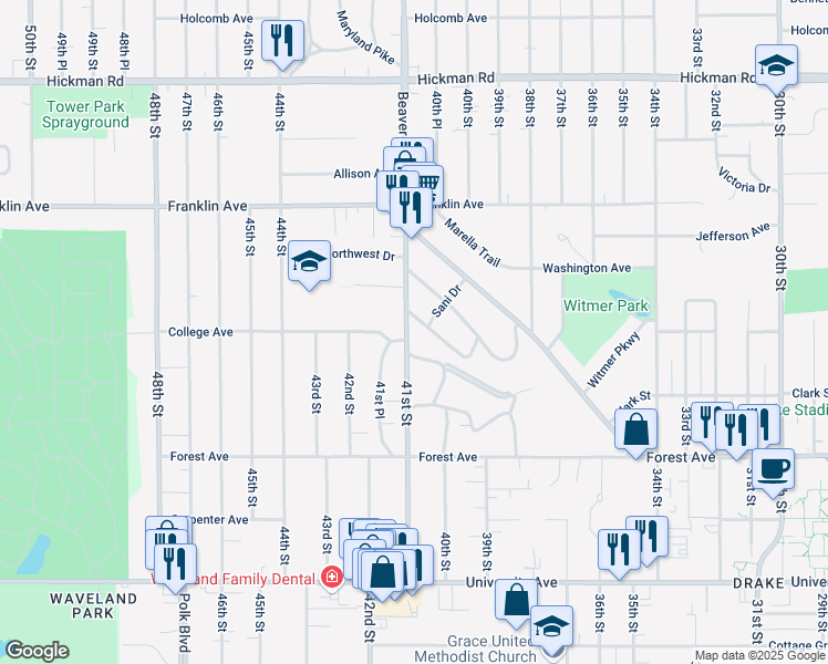 map of restaurants, bars, coffee shops, grocery stores, and more near 1539 Germania Drive in Des Moines