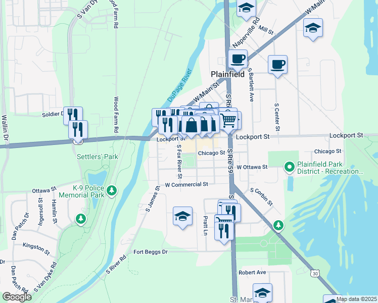 map of restaurants, bars, coffee shops, grocery stores, and more near 24121 Lockport Street in Plainfield