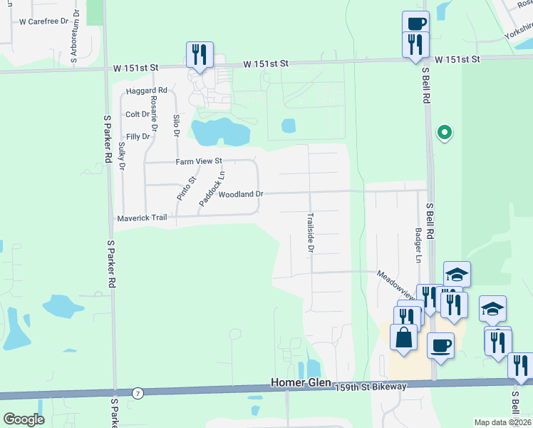 map of restaurants, bars, coffee shops, grocery stores, and more near 13221 Maverick Trail in Homer Glen