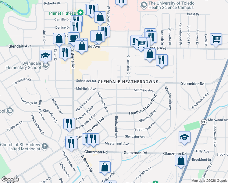 map of restaurants, bars, coffee shops, grocery stores, and more near 3223 Cragmoor Avenue in Toledo