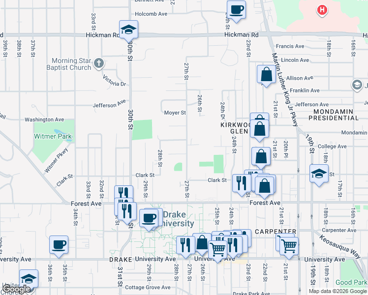 map of restaurants, bars, coffee shops, grocery stores, and more near 1548 27th Street in Des Moines