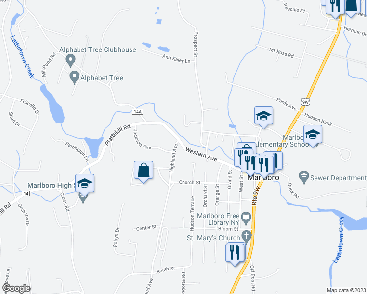map of restaurants, bars, coffee shops, grocery stores, and more near 72 Western Avenue in Marlboro