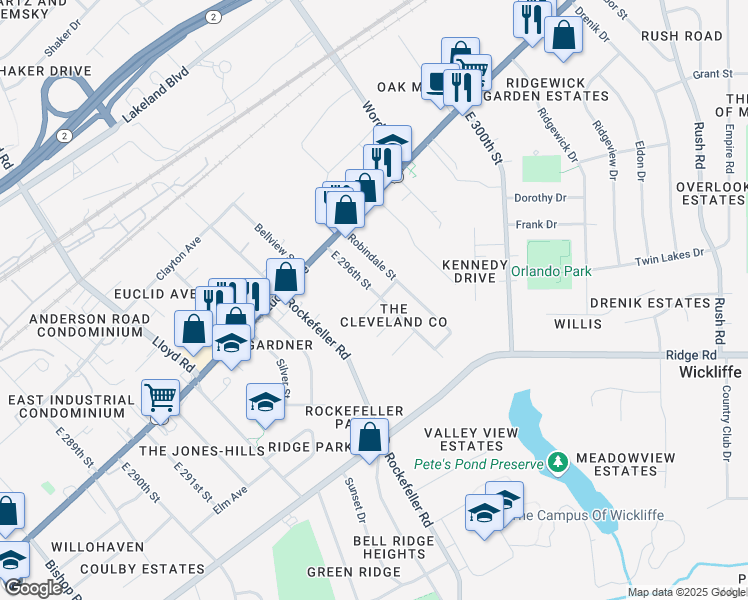 map of restaurants, bars, coffee shops, grocery stores, and more near 1738 East 296th Street in Wickliffe