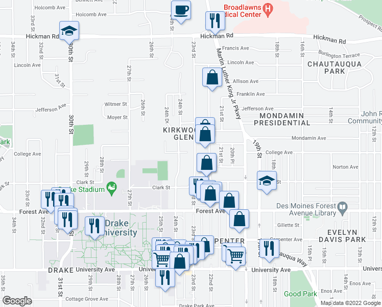 map of restaurants, bars, coffee shops, grocery stores, and more near 1600 23rd Street in Des Moines