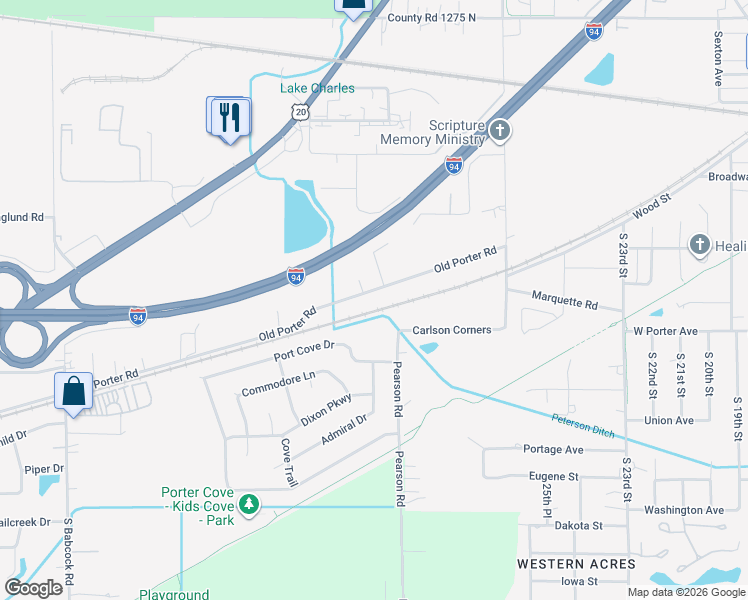 map of restaurants, bars, coffee shops, grocery stores, and more near 1331 Old Porter Road in Porter