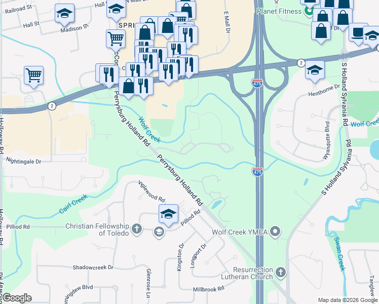 map of restaurants, bars, coffee shops, grocery stores, and more near 32 Wolf Ridge Drive in Holland