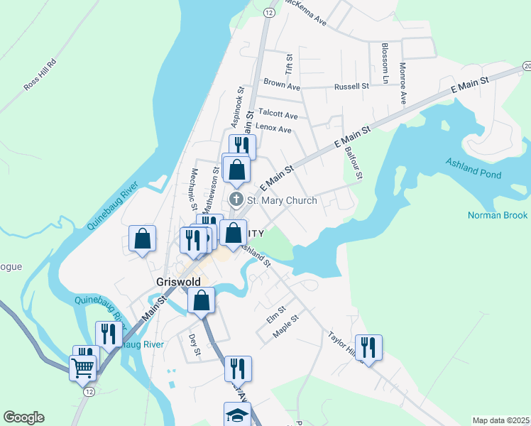 map of restaurants, bars, coffee shops, grocery stores, and more near 30 Hill Street in Griswold