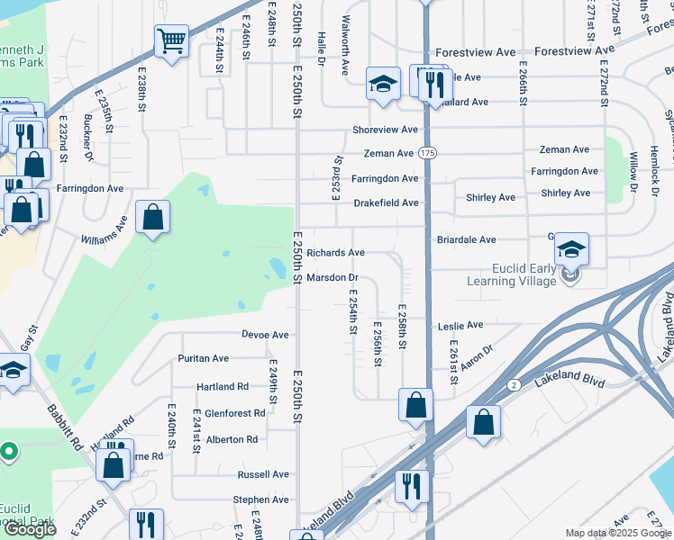 map of restaurants, bars, coffee shops, grocery stores, and more near 680 East 254th Street in Euclid