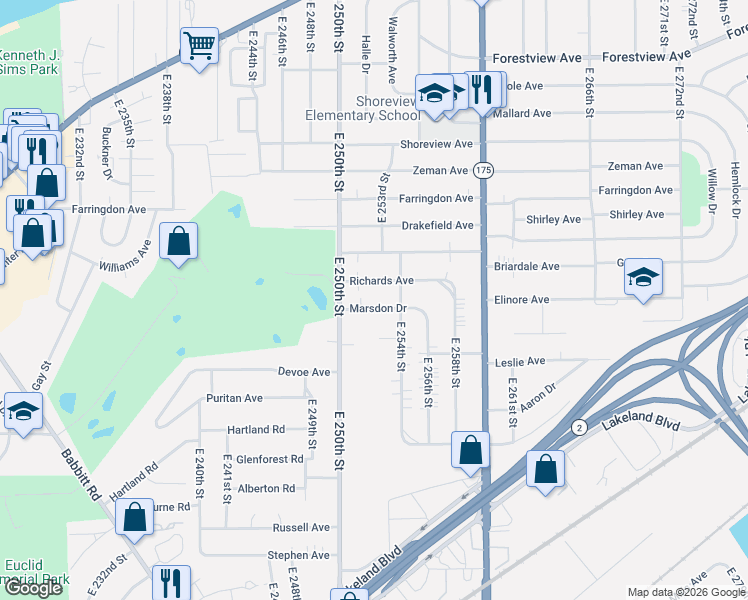 map of restaurants, bars, coffee shops, grocery stores, and more near 680 East 254th Street in Euclid