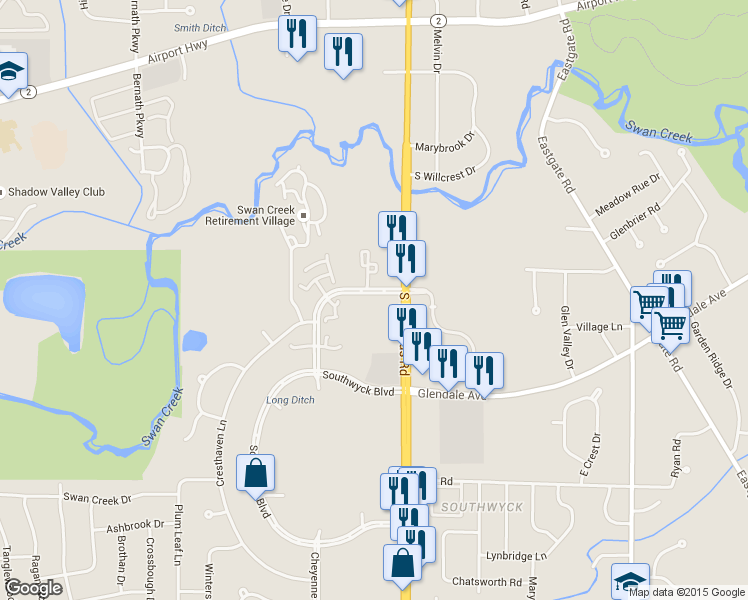 map of restaurants, bars, coffee shops, grocery stores, and more near 1804 South Reynolds Road in Toledo