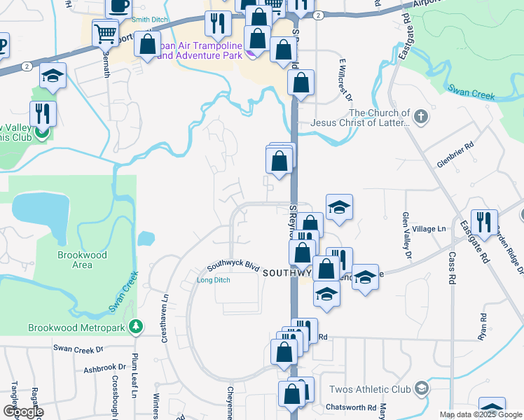 map of restaurants, bars, coffee shops, grocery stores, and more near 1801 Brownstone Boulevard in Toledo