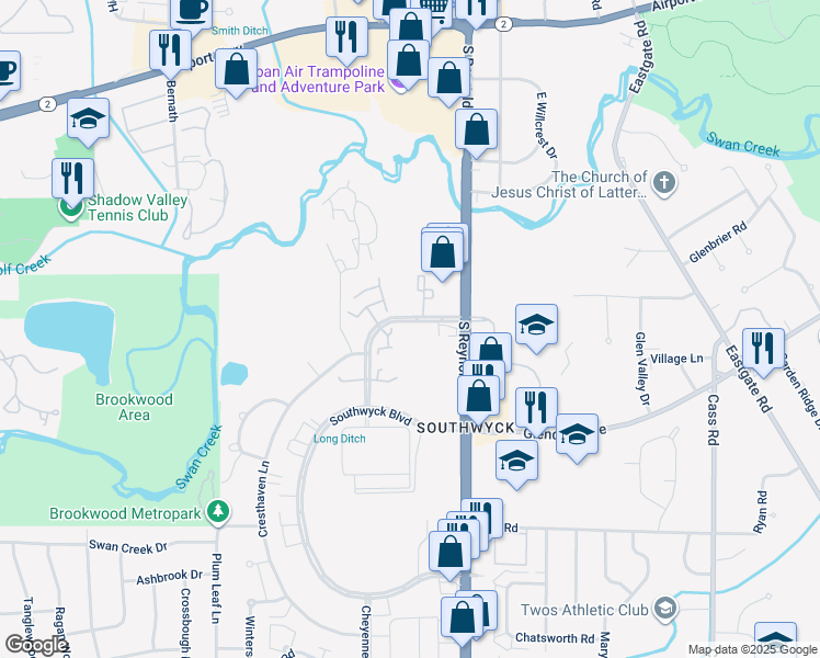 map of restaurants, bars, coffee shops, grocery stores, and more near 1801 Brownstone Boulevard in Toledo