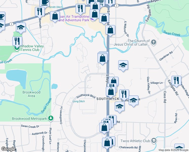 map of restaurants, bars, coffee shops, grocery stores, and more near 1801 Brownstone Boulevard in Toledo