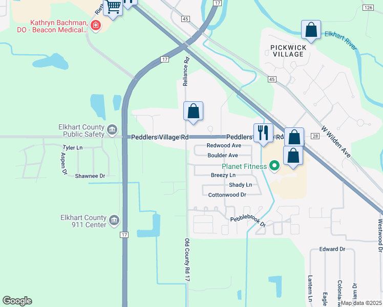 map of restaurants, bars, coffee shops, grocery stores, and more near 61108 Old County Road 17 in Goshen