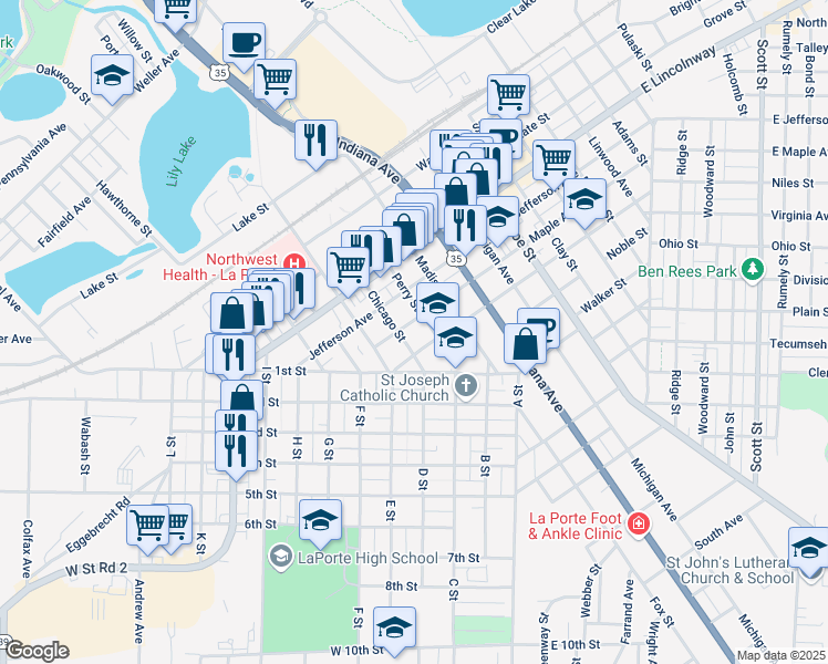 map of restaurants, bars, coffee shops, grocery stores, and more near 1107 Harrison Street in La Porte