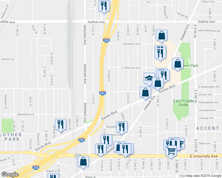 map of restaurants, bars, coffee shops, grocery stores, and more near 1517 East 22nd Street in Des Moines