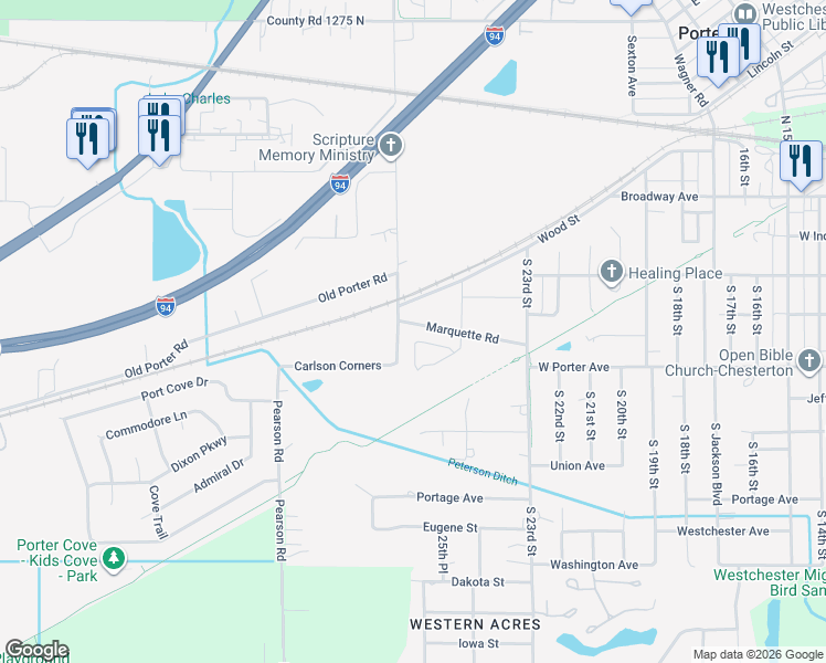 map of restaurants, bars, coffee shops, grocery stores, and more near 950 Bayside Way in Porter